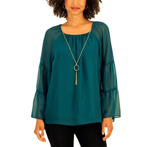 JM Collection Small Petite Teal Chiffon Long Tier-Sleeve Necklace Blouse NWT